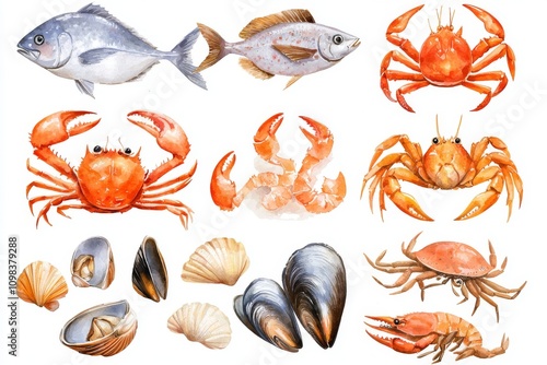 An element set with watercolor seafood in   with a transparent background photo