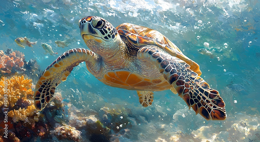 Obraz premium A graceful sea turtle glides through clear blue waters, surrounded by vibrant coral reefs, showcasing the beauty of marine life.