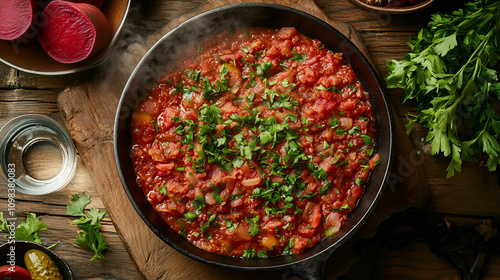 Scandinavian Pyttipanna with beetroot and fresh herbs in a skillet photo