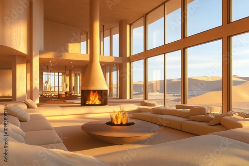 Modern desert-style living room with sandy hues, a central fireplace, and large windows overlooking the dunes. photo