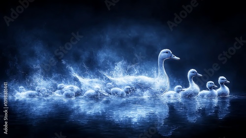 Fototapeta Naklejka Na Ścianę i Meble -  Majestic swan family gracefully swims in a mystical blue water, surrounded by ethereal mist.