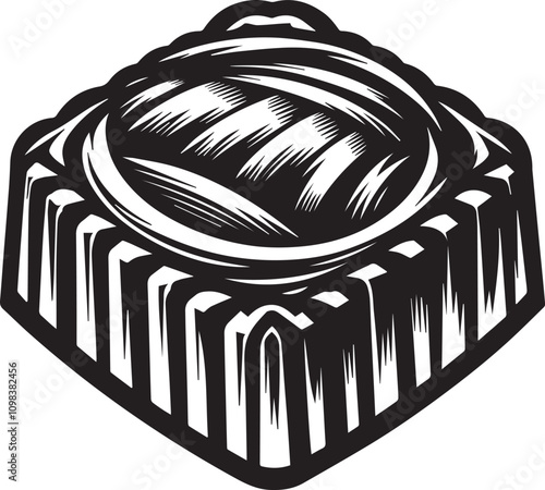 Stylish Black and White Candy Illustration. A stylized, black and white illustration of a candy with a swirling, cosmic design on the surface.