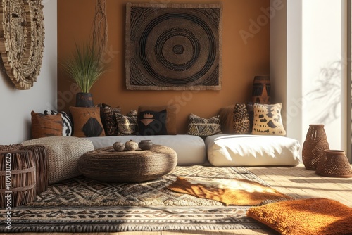 Modern tribal living room with handcrafted African decor, woven rugs, and earthy color tones.
