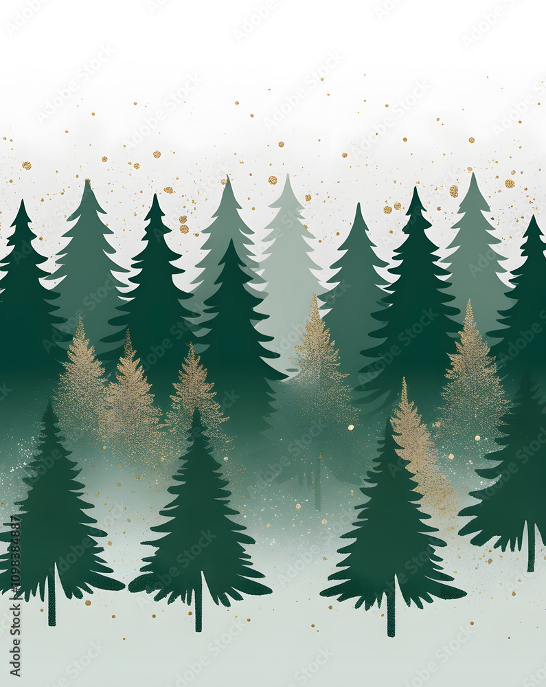 Fototapeta premium Lush green forest with misty ambiance and golden highlights in an enchanting landscape