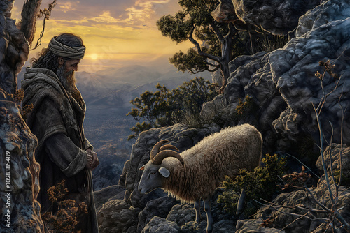 Abraham stands on a mountain at dawn, reflecting deep solemnity and trust as he prepares to sacrifice Isaac. A ram is caught in a thicket, enhancing the poignant moment photo