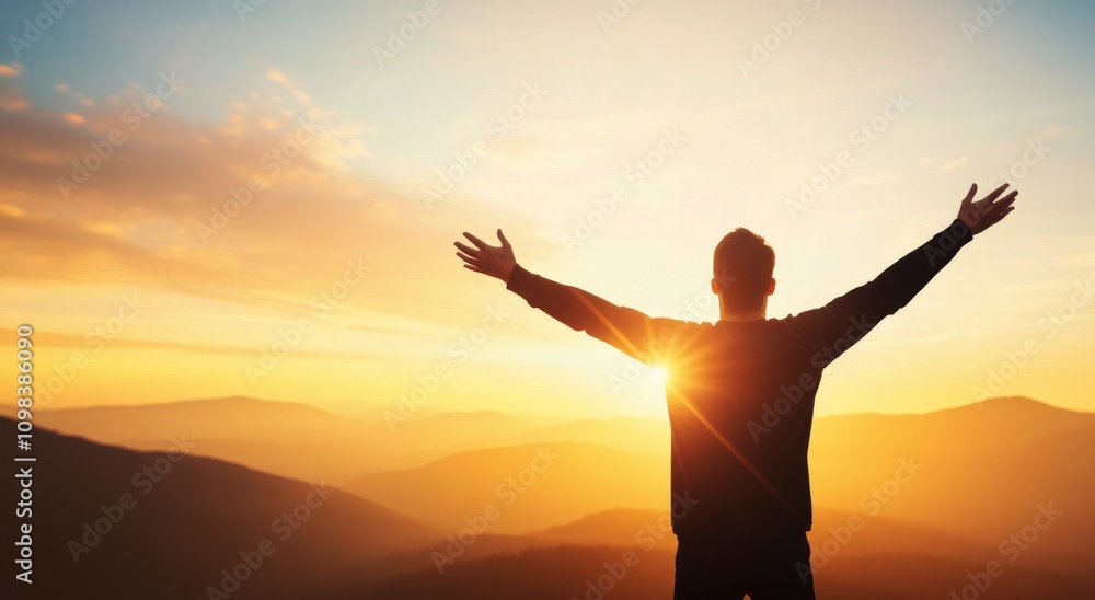 Fototapeta premium Individual enjoying the sunrise with open arms in a serene natural landscape