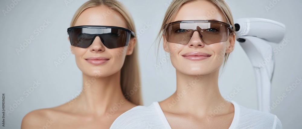 Naklejka premium Two women wearing protective eyewear during a medical procedure.