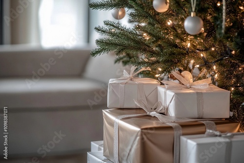 Christmas tree decorated with garland and silver balls in living room, stack of elegant presents, space for text, horizontal photo in minimalist style