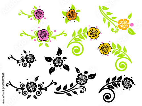 Abstract design of back and colorful floral vector illustration set