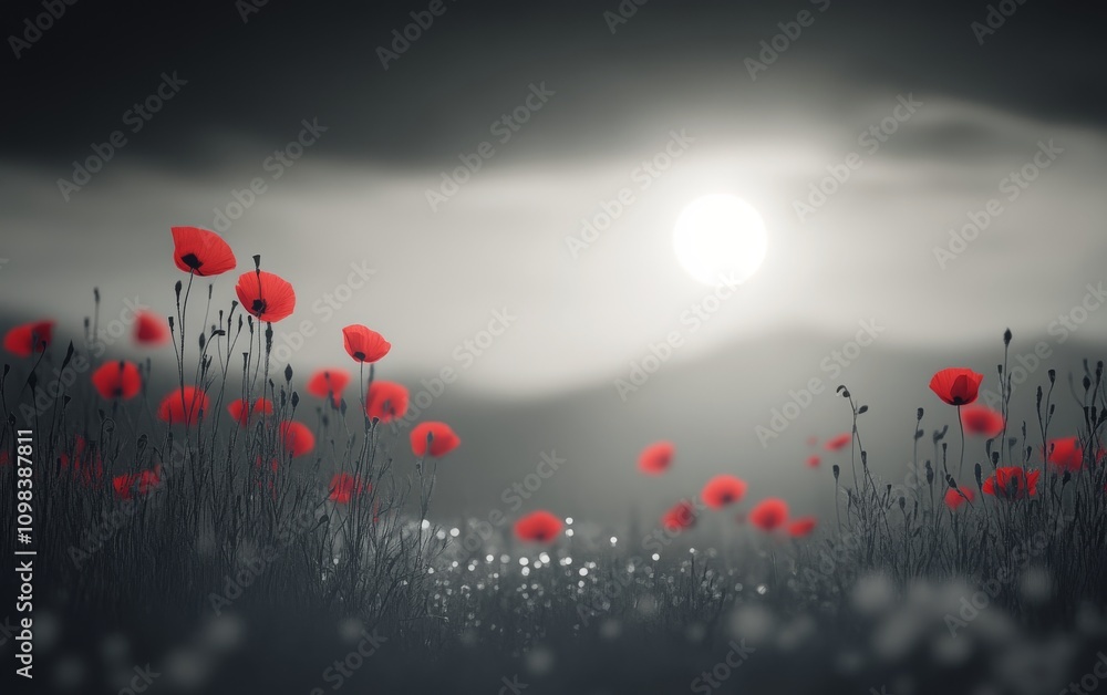 Obraz premium Expansive field of red flowers against a dramatic black and white landscape at dawn