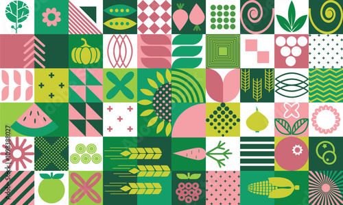 Agricultural geometric mosaic with a seamless pattern and abstract shapes featuring organic, eco-friendly plant-based farm products.
