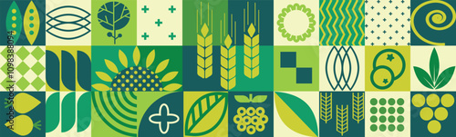 Agricultural geometric mosaic with a seamless pattern and abstract shapes featuring organic, eco-friendly plant-based farm products.