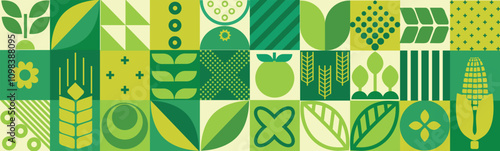 Agricultural geometric mosaic with a seamless pattern and abstract shapes featuring organic, eco-friendly plant-based farm products.