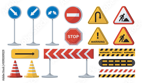 Road work signs set. Construction roadsings pack. Information for drivers. Safety at roads and highway. Warning roadsigns. Flat vector collection