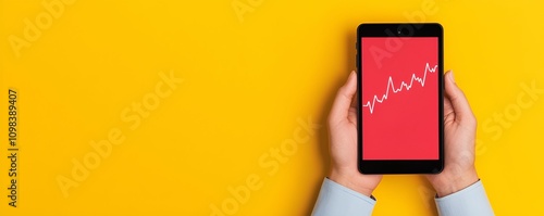 A person holds a smartphone displaying a red screen with a rising graph, set against a bright yellow background.