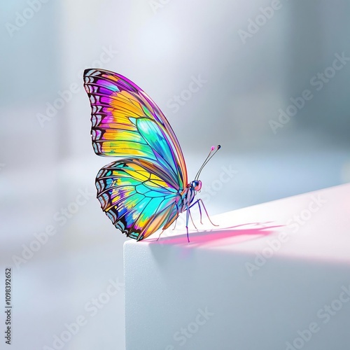 A stunning butterfly in full colors perched on the edge of a plain white surface , single point of focus., clear background, colorful butterfly, insect close up, isolated butterfly photo