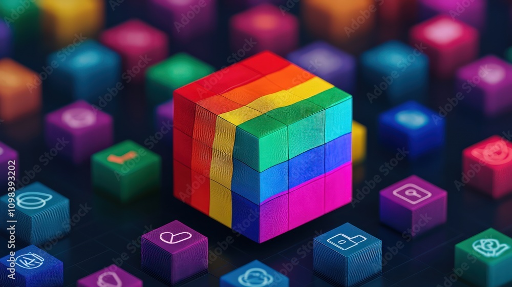 Fototapeta premium Embracing diversity lgbtq flag cube surrounded by holographic community digital space 3d visualization unity concept