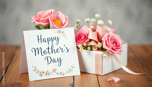 Greeting card with the inscription happy mother's day is standing on a wooden table next to a bouquet of pink roses in a gift box and other flowers celebrating motherhood.