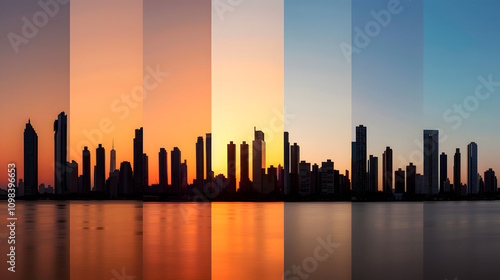 Witness the breathtaking transformation of a modern city skyline as day gracefully yields to night, a captivating timelapse capturing the vibrant hues of sunset and the serene ambiance of twilight.  