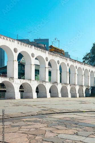 Famous Lapa Arches (Lapa Arch), Urban landscape in the city of Rio de Janeiro. Architecture and historic landmark of Rio de Janeiro, Brazil