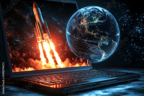 A generative AI image of a space rocket blasting off from a laptop screen, representing the potential of today's technology. photo