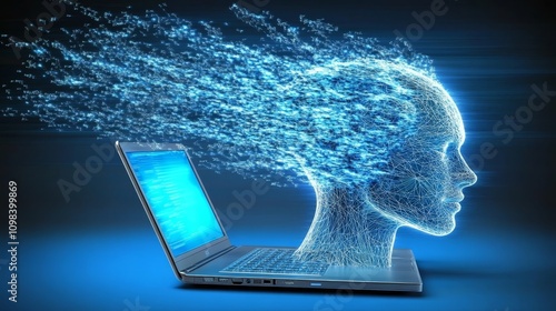 A futuristic digital art piece depicting an AI with a human face emerging from a laptop screen, highlighting abstract technology and innovation, ideal for stock theme illustrations.