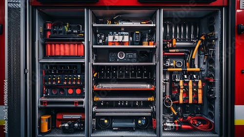 A detailed view of a fire truckâ€™s storage compartments with firefighting tools, positioned on white photo