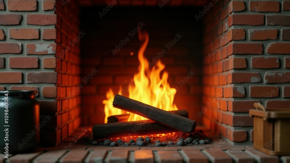 Obraz premium Traditional brick fireplace with burning logs and vibrant flames creating a nostalgic feel