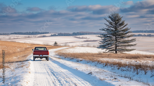 Winter rural scenery in the Midwest, America, a small road across a vast snowy field, an old pick-up truck drives slowly, Ai generated images photo