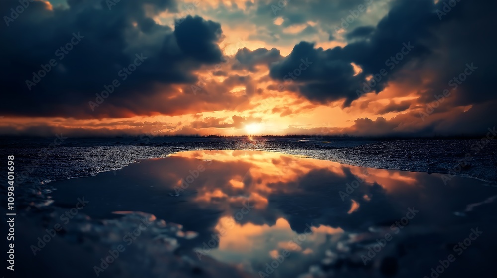 Fototapeta premium Dark, stormy clouds reflecting in a puddle.