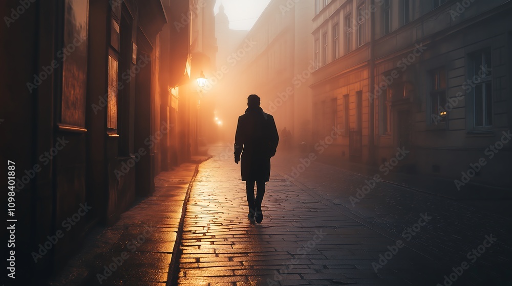Fototapeta premium Silhouette of a person walking away down a foggy street.