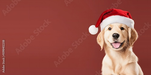 A cheerful golden retriever puppy with soft fur and a bright expression sits against a red background, wearing a festive red and white Santa hat, evoking a joyful holiday mood. photo