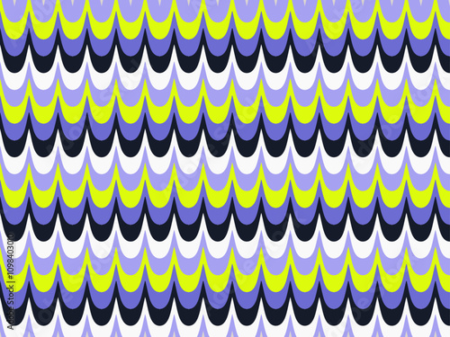Modern style of geometric, layered teardrop scallop colourful zigzag background illustration