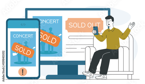 Man with sold out tickets. Young guy with smartphone tries to buy tickets on Internet. Online shoppng and electronic commerce. Linear vector illustration