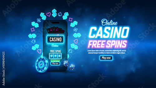 Casino online glowing web banner with mobile phone, casino poker chips, dice, cards and slot machine on a dark blue smoky background.  Hi-tech casino bright poster with button play now. Vector design