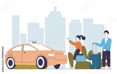 People stop taxi. Man and woman with suitcases near car. Travel, trip and tourism. Urban infrastructure. Passengers and tourists. Linear vector illustration