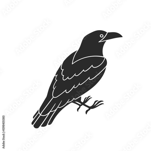 Vector hand drawn illustration of raven. Black and white sticker with crow. The witch's pet is a symbol of dark magic.