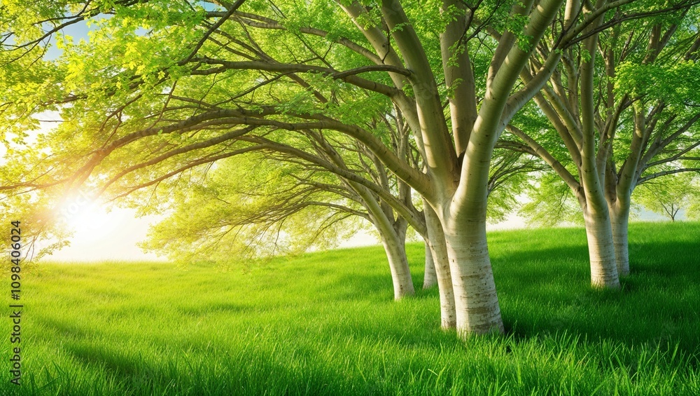 Obraz premium Sunny grove of birch trees in a vast grassy meadow