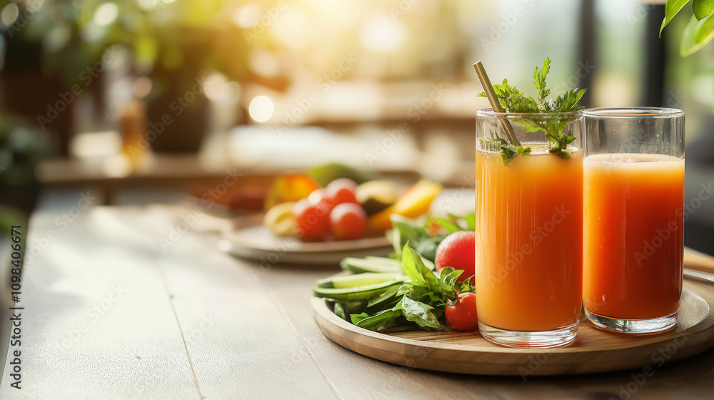 Fototapeta premium Healthy menu, fruit juices, various vegetable, breakfast, Asian cuisine. Generative AI Illustrations.