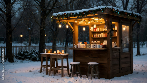 A stand for hot cocoa. Ideal for seasonal markets and gatherings, this charming outdoor hot chocolate kiosk is decked out with garlands and Christmas lights and serves warm beverages and snacks to onl photo