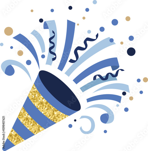 Vector flat illustration of Popper striped cone with confetti, holiday party firecracker. 