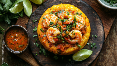 Mofongo with shrimp and spicy sauce on wooden platter photo