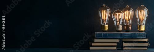 Glowing vintage light bulbs on books in dark ambient setting, continuing education concept