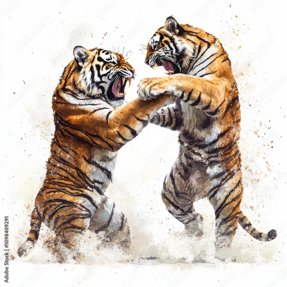 Obraz premium Two tigers engaged in a fierce battle, showcasing their strength and agility, This image is perfect for illustrating themes of wildlife, nature conservation, and animal behavior studies,