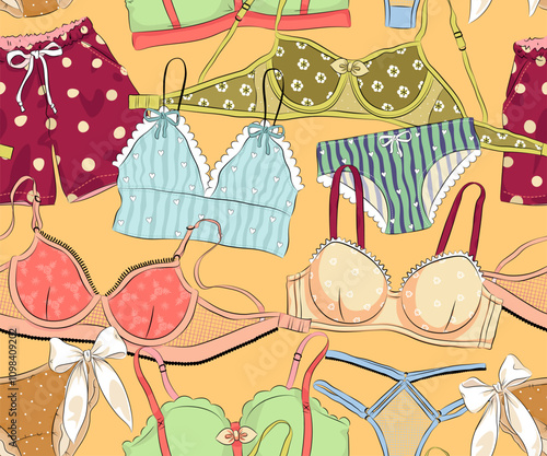Seamless pattern with lingerie design collection. Repeat background, textile, wrapping paper of hand drawn pants and bra. Vector illustration of underwear