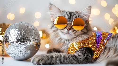 Stylish Cat in Sunglasses with Glitter Shirt Posing Next to Mirror Ball Under Festive Lights for a Fun and Playful Celebration Atmosphere