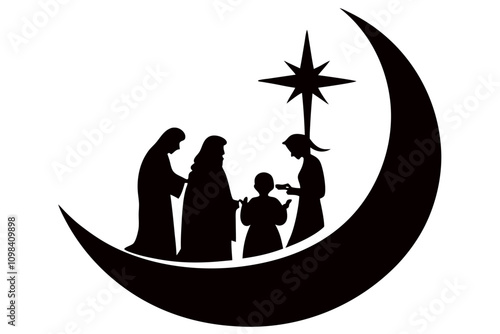 A minimalist silhouette of the nativity scene under a starry night sky, featuring the baby Jesus, Mary, Joseph, and animals, with a glowing star above.