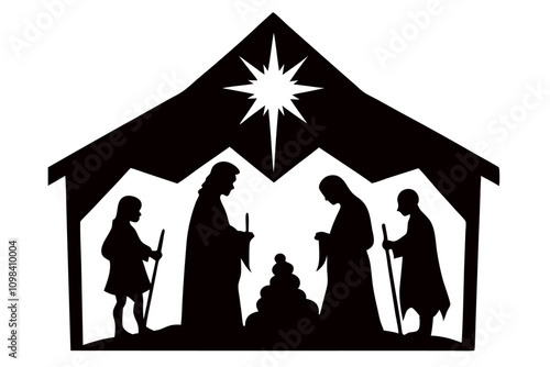 A minimalist silhouette of the nativity scene under a starry night sky, featuring the baby Jesus, Mary, Joseph, and animals, with a glowing star above.