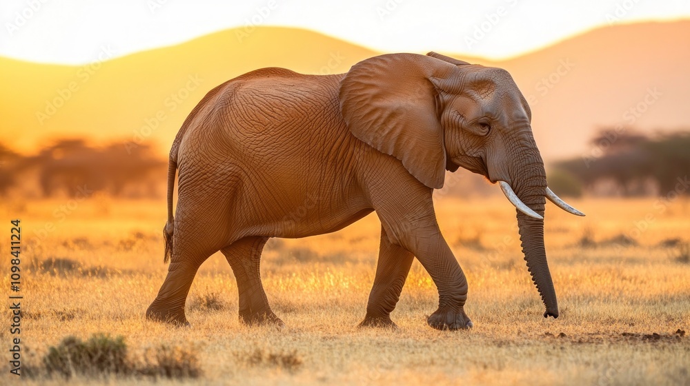 Fototapeta premium Elephant walking in a golden sunset landscape.