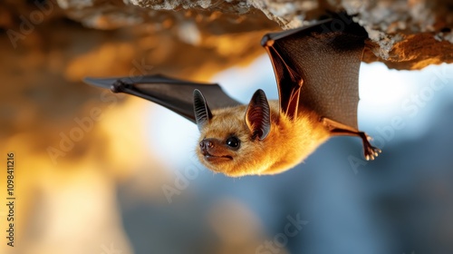 This charming bat is captured upside down, clasping onto rocky terrain, with its large eyes looking endearingly amidst the softly blurred natural background settings. photo